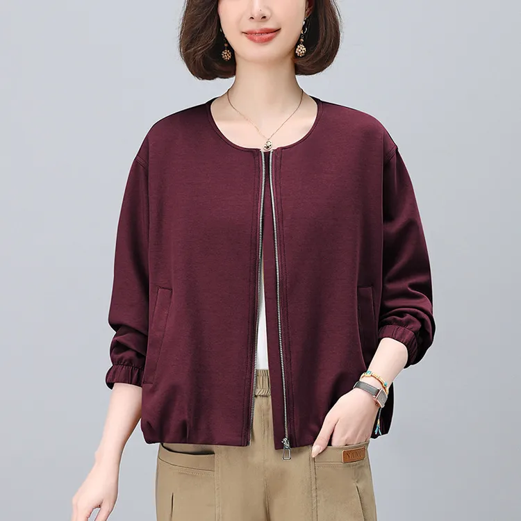 6915时尚紫色卫衣短外套女2025新款中年妈妈休闲百搭拉链开衫上衣