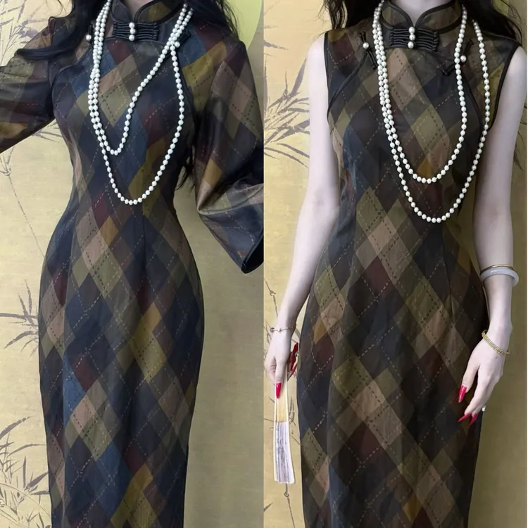 LHMknk1画报夫人原创自制格子新中式复古简约秋冬旗袍 苍南