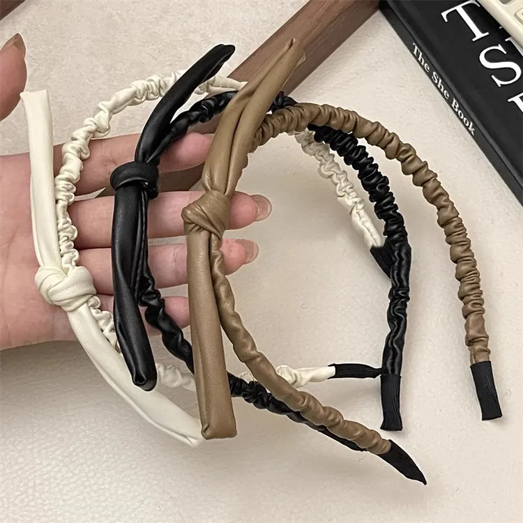 简约风发箍日韩皮革褶皱蝴蝶结纯色气质头箍复古压发百搭发捆发饰
