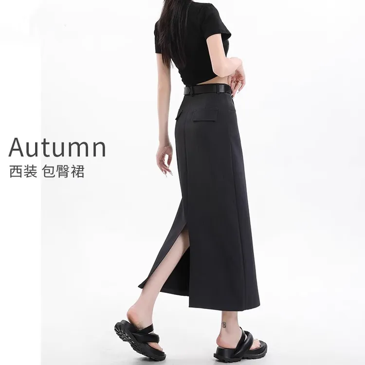 耶古灰色西装半身裙女春秋2025新款a字高腰显瘦开叉包臀中长裙子