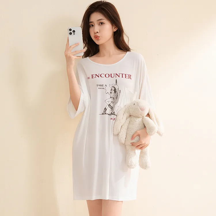 韩版薄款字母圆领吸汗印花宽松型T恤女士短袖睡裙女夏季家居服