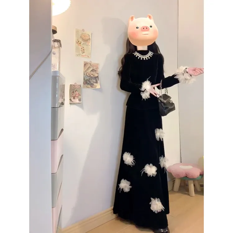大码女装胖mm秋冬新款韩系富家千金黑色赫本风丝绒上衣半身裙套装