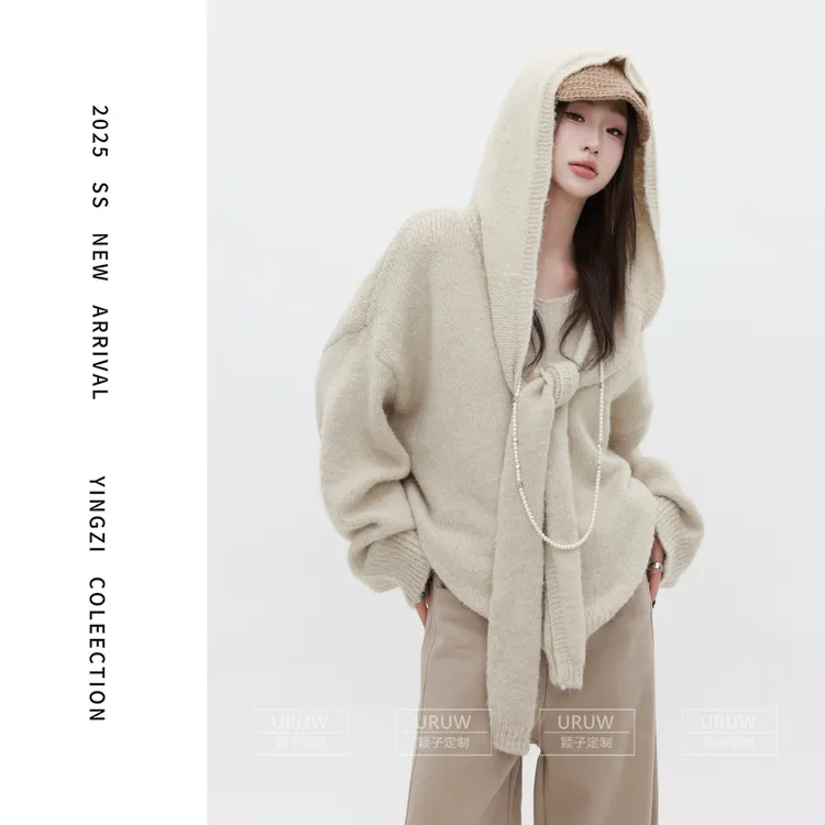 颖子定制【闲日欢歌】设计感针织连帽披肩毛衣女百搭高级上衣2156