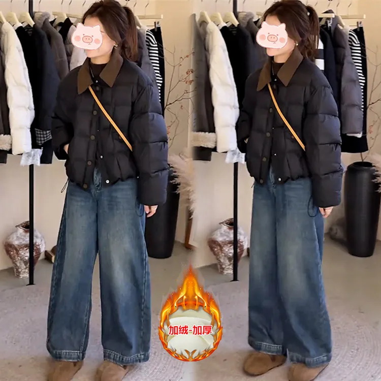 2025年冬季韩系新款撞色设计保暖外套搭配高腰显瘦直筒加绒牛仔裤