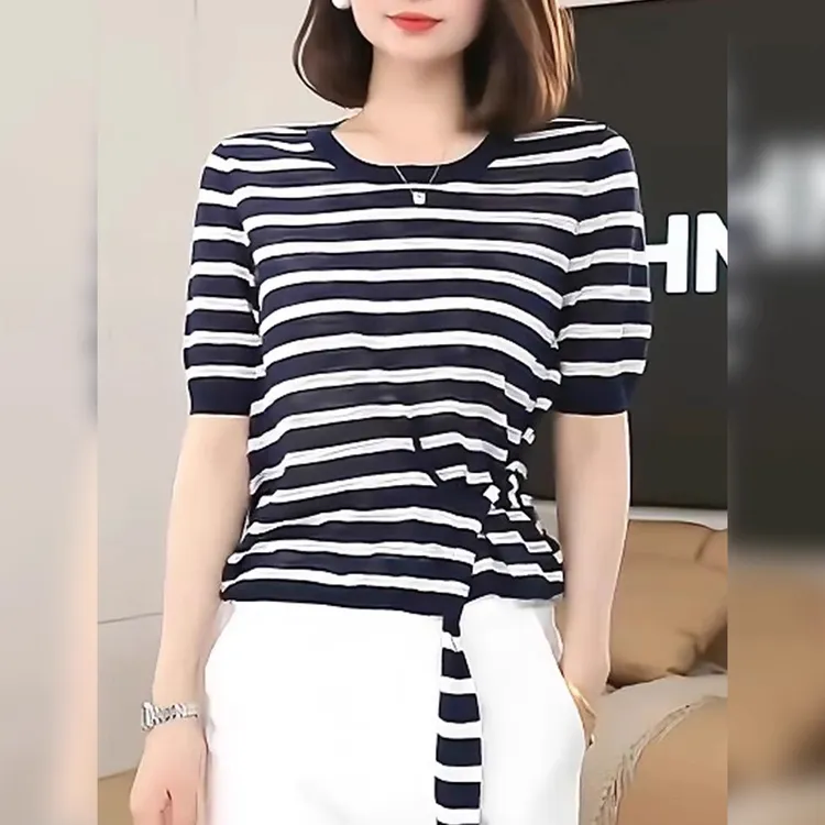 条纹撞色薄款短袖绑带收腰短袖t恤女夏新款时尚显瘦洋气减龄上衣