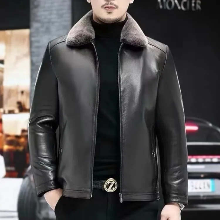 男士真皮皮衣韩版商务休闲山羊皮外套水貂领可脱卸皮衣冬款男款