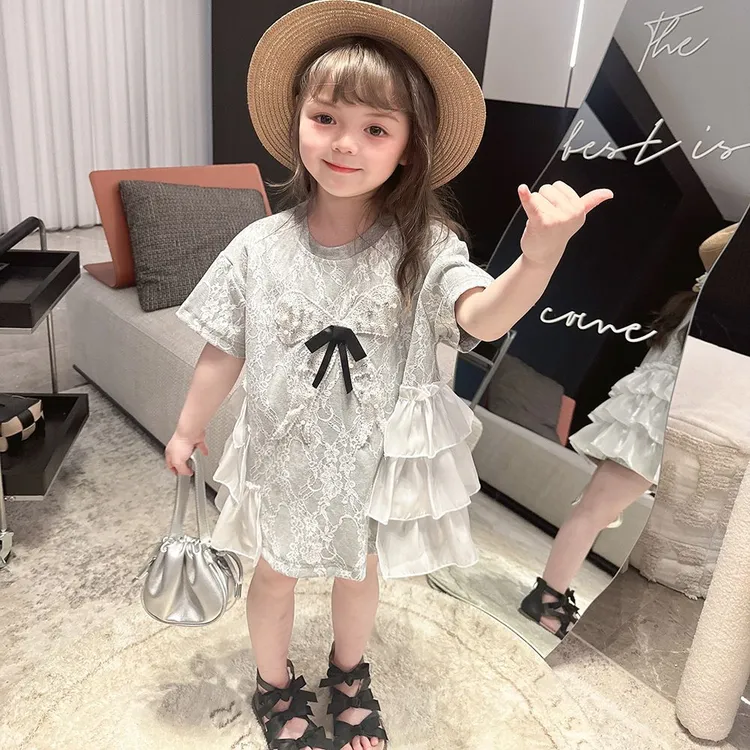 夏装童装女童洋气T恤短袖连衣裙2025新款夏季韩版儿童蕾丝休闲裙