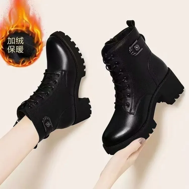 高品质真软皮加绒加厚短靴厚底秋冬保暖马丁靴中筒百搭英伦风皮靴