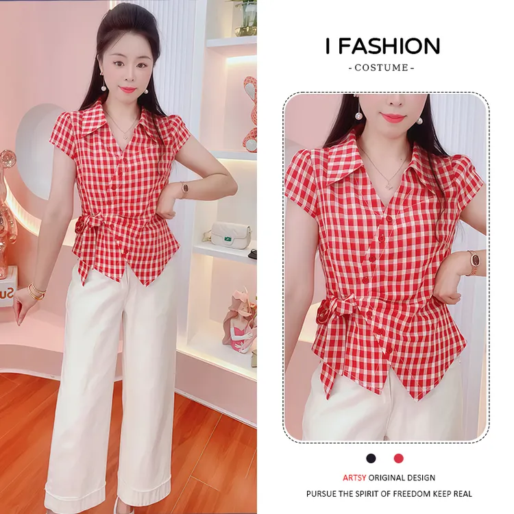 法式甜美拼接格子短袖衬衫女2025年夏季小众休闲遮肉显瘦百搭上衣