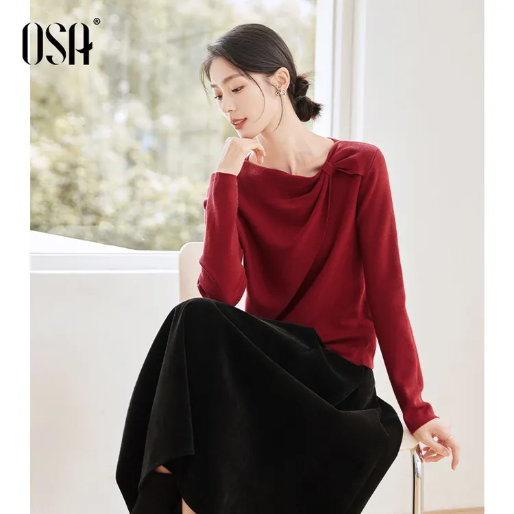 OSA/欧莎 蝴蝶结优雅通勤红色毛衣针织打底衫女内搭S124D16064