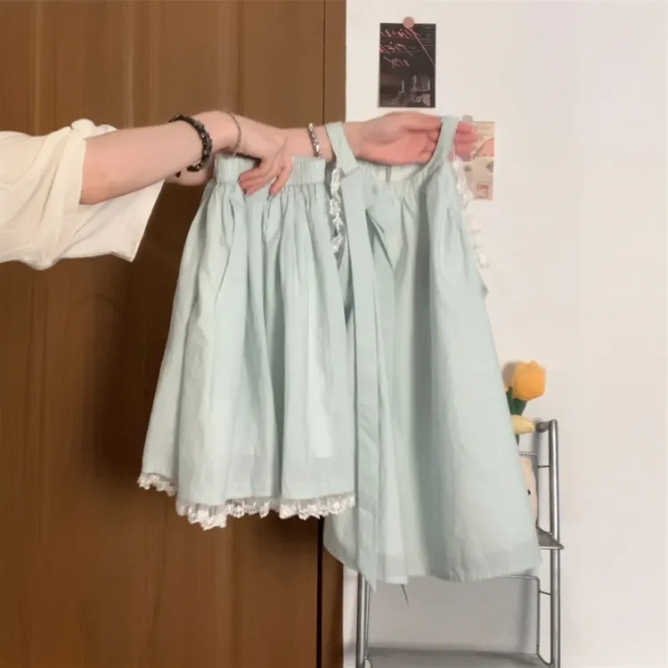 夏日薄荷曼波清爽休闲拼接蕾丝背心上衣短款半身裙2025减龄套装