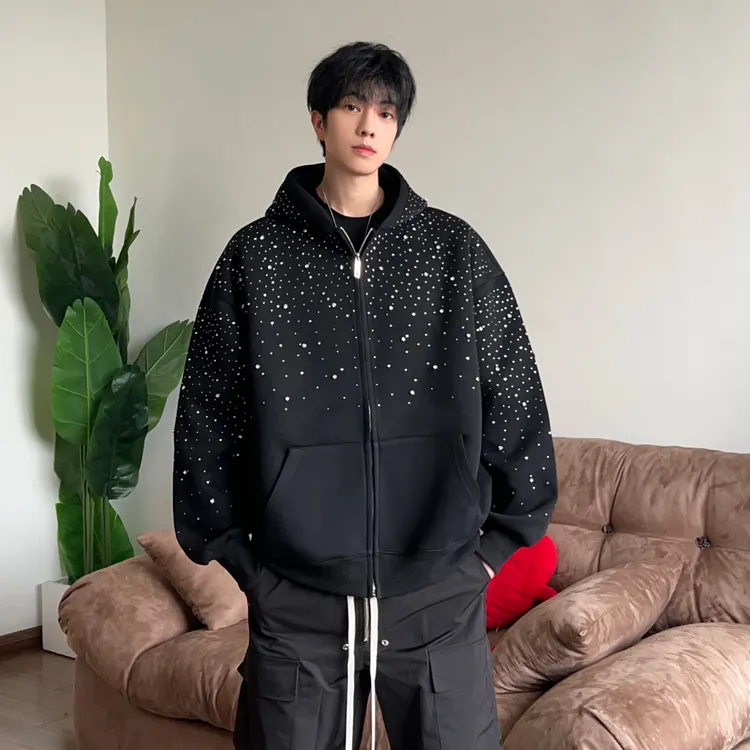 满天星连帽卫衣男美式满钻帽衫宽松潮流休闲开衫ins春季时尚外套
