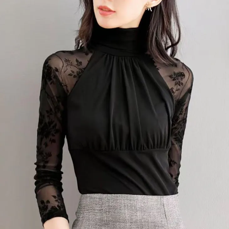 女秋季修身网纱显瘦百搭蕾丝高领长袖打底衫