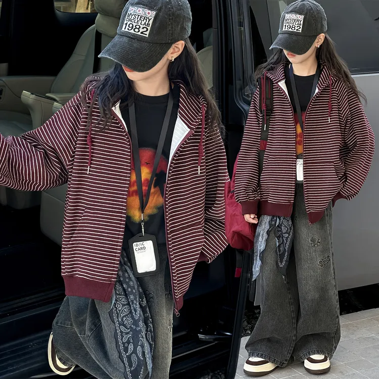 女童外套女孩拉链休闲风开衫连帽条纹外套卫衣外套学生上衣8-18岁
