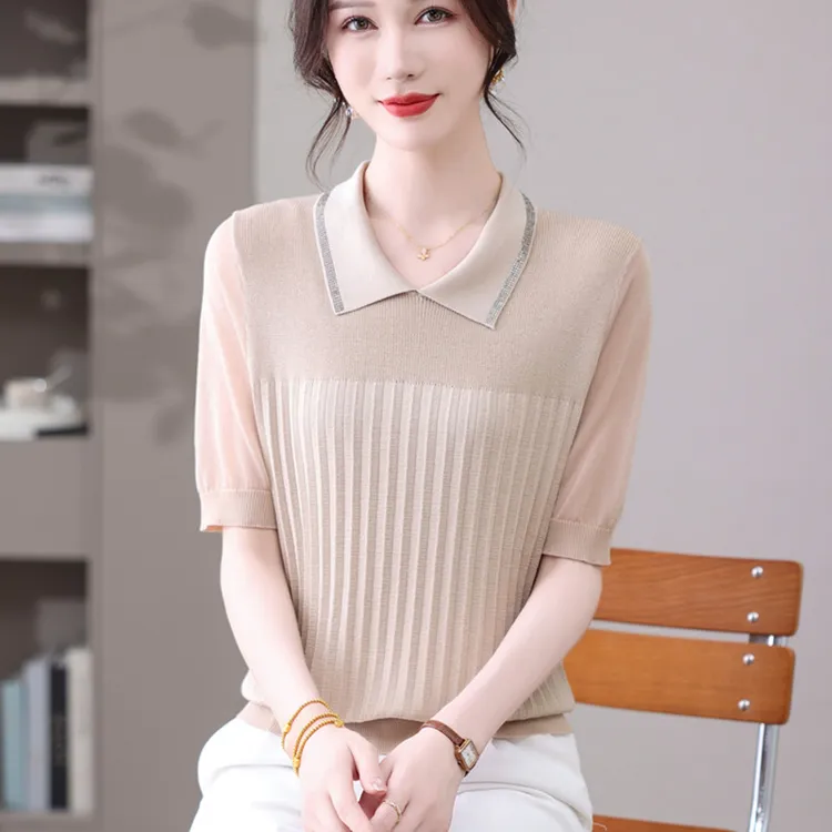 气质短袖t恤女2025新款女装夏薄款妈妈冰丝针织衫POLO翻领上衣