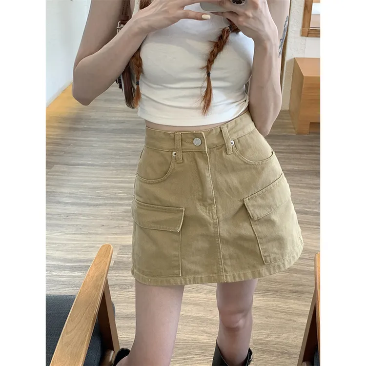 大码卡其色高腰工装牛仔半身裙女夏季短款显瘦a字包臀裙裤短裙子