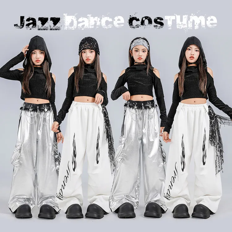 爵士舞服装女童jazz女孩连帽露肩露脐舞蹈服hiphop街舞儿童演出服