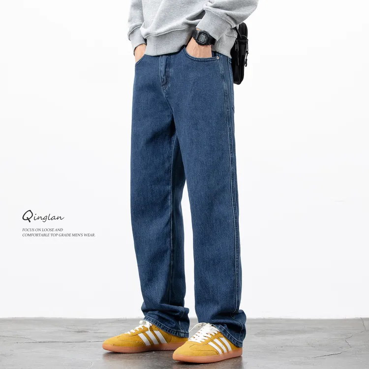 高端蓝色水洗牛仔裤男直筒宽松潮流休闲百搭弹力裤子2025新款秋季