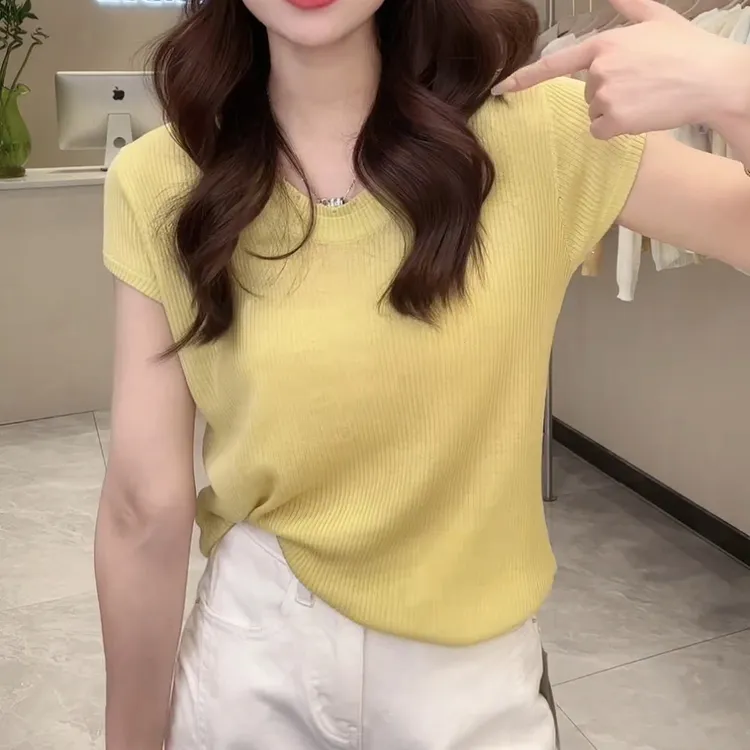 2025春夏新款U领显瘦百搭短袖针织衫上衣LK2502526