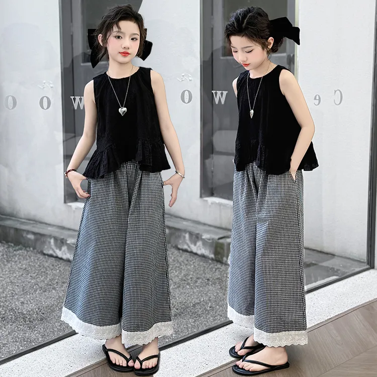 女童夏装套装2025新款洋气时髦无袖上衣儿童夏季格子阔腿裤两件套