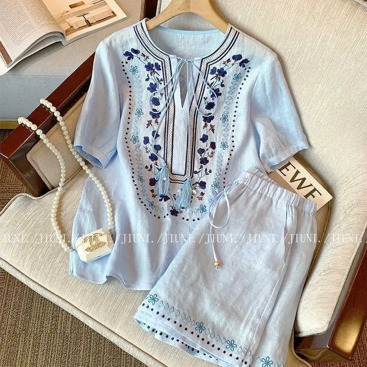 高级感时尚气质减龄穿搭套装夏季甜美碎花蓝色衬衣宽松短裤两件套