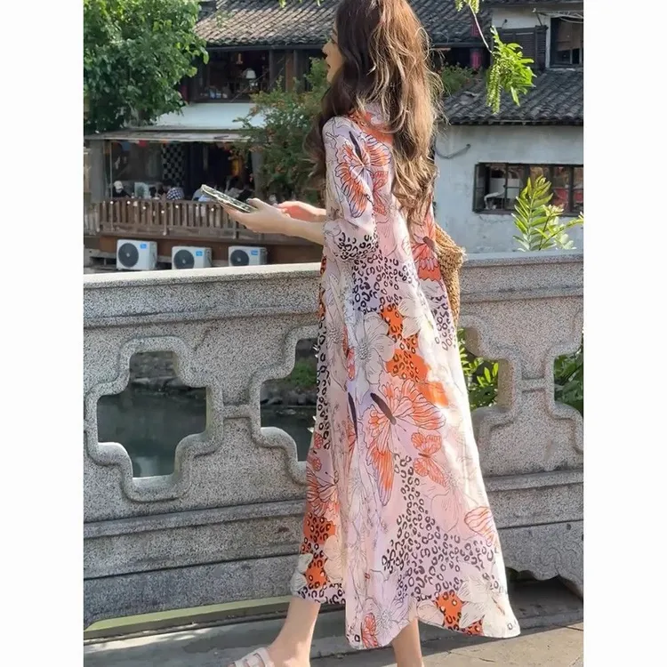 时尚气质洋气连衣裙女2025夏季新款宽松显瘦冰丝印花裙子长裙超仙
