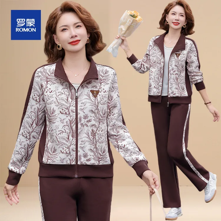 妈妈秋装运动服套装休闲印花外套2025新款中老年女春秋上衣两件套