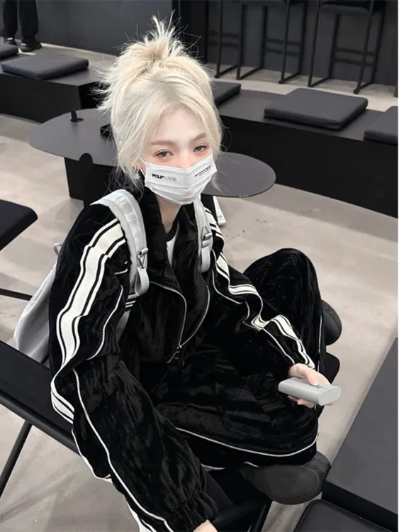 美式春秋季卫衣休闲套装痞帅网红开衫潮牌一套搭配外套条纹卫裤