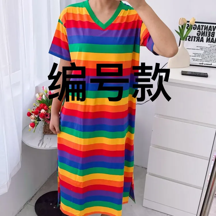 4编号新款彩条V领短袖睡裙
