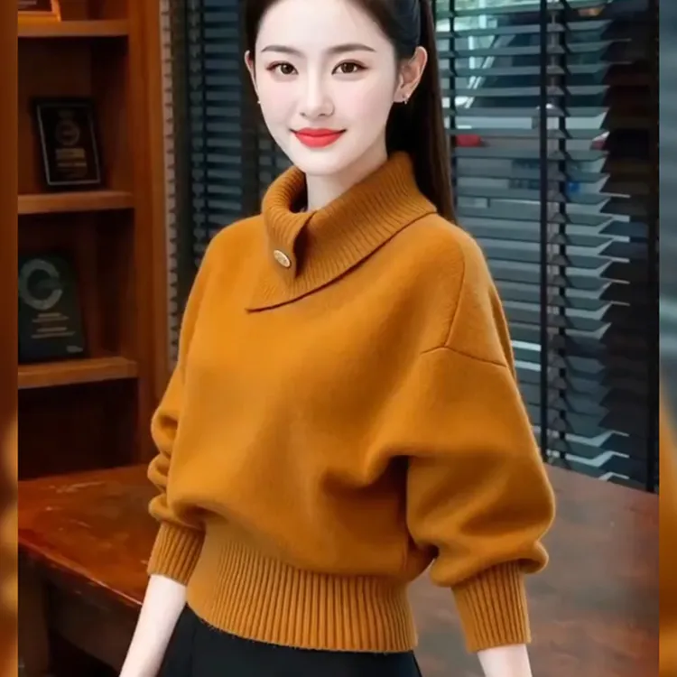 秋冬新款橘色高领套头毛衣女冬季慵懒风宽松百搭针织衫小个子上衣