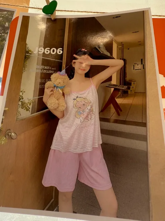 夏季女款宽松简约吊带睡衣套装卡通字母印花休闲家居服