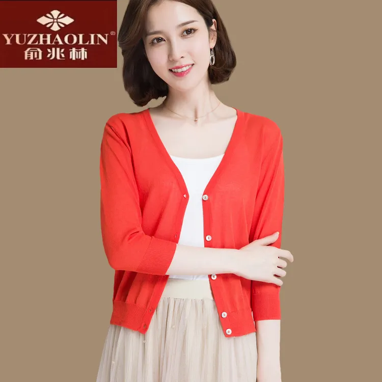 俞兆林桑蚕丝针织开衫女夏薄款七分袖外搭配裙子上衣冰丝