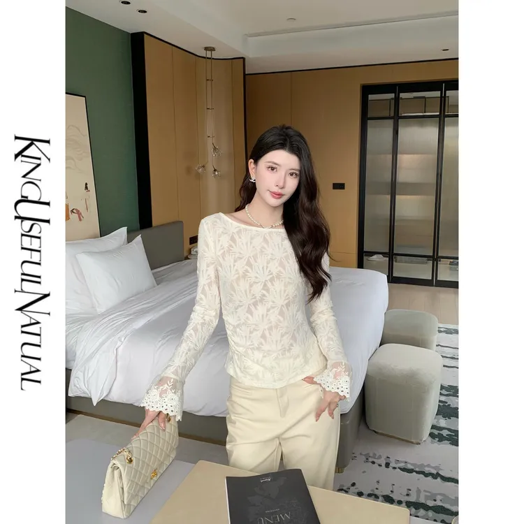 KUN【月影竹风】立体视线 竹子提花软针织微收腰米色秋冬花边上衣