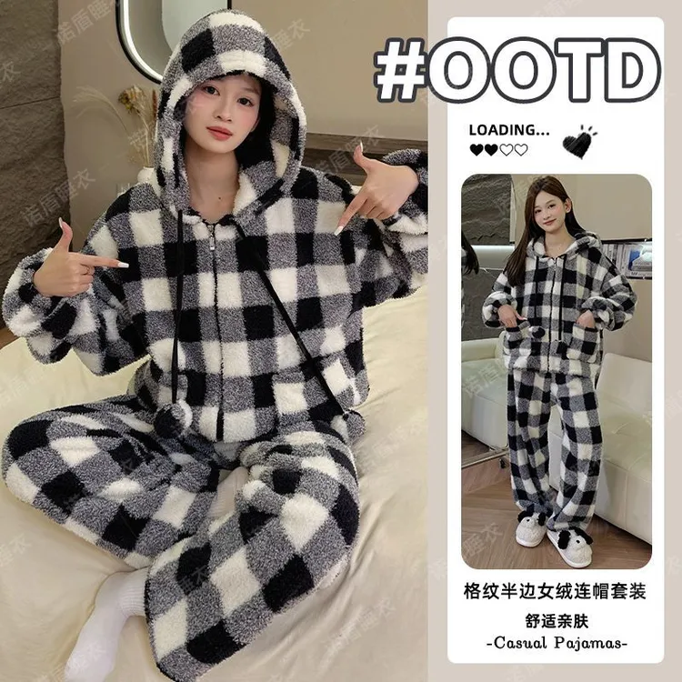 冬季半边绒格子睡衣女款保暖套装加绒加厚珊瑚绒宽松家居服可外穿