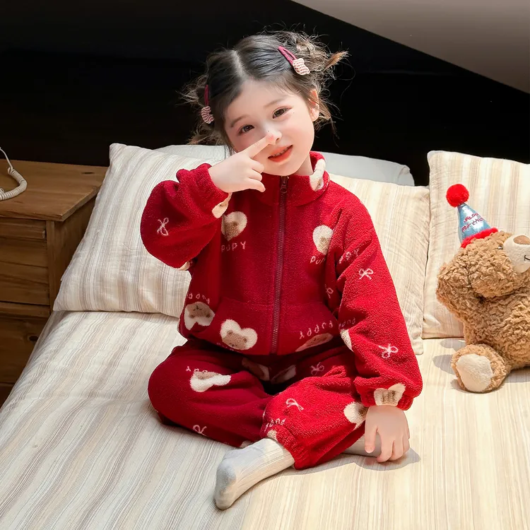女童睡衣秋冬季珊瑚绒儿童家居服女孩2025新款宝宝法兰绒加厚开衫
