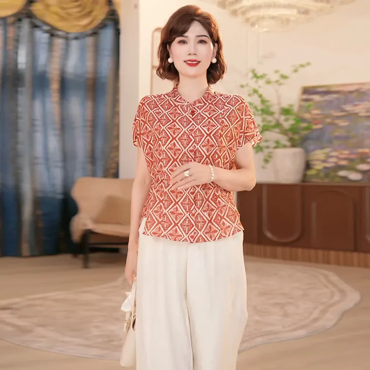 2025夏季新款中年妈妈新中式国风提花短袖衬衣女百搭显瘦减龄上衣