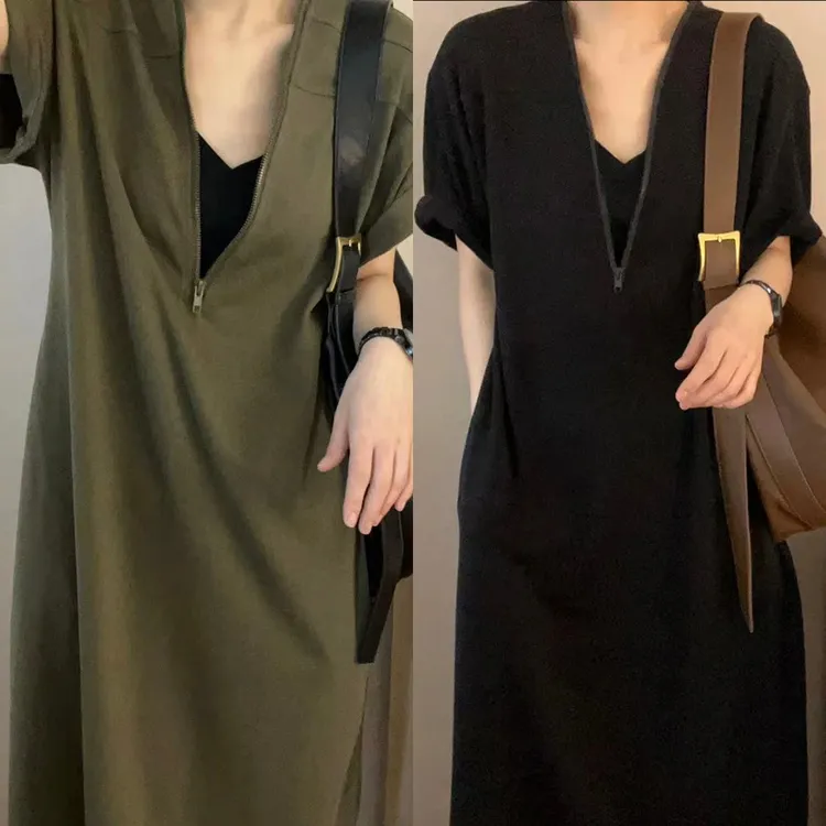 大码通勤百搭纯色连衣裙女2025夏季新款胖MM宽松黑色气质连衣裙