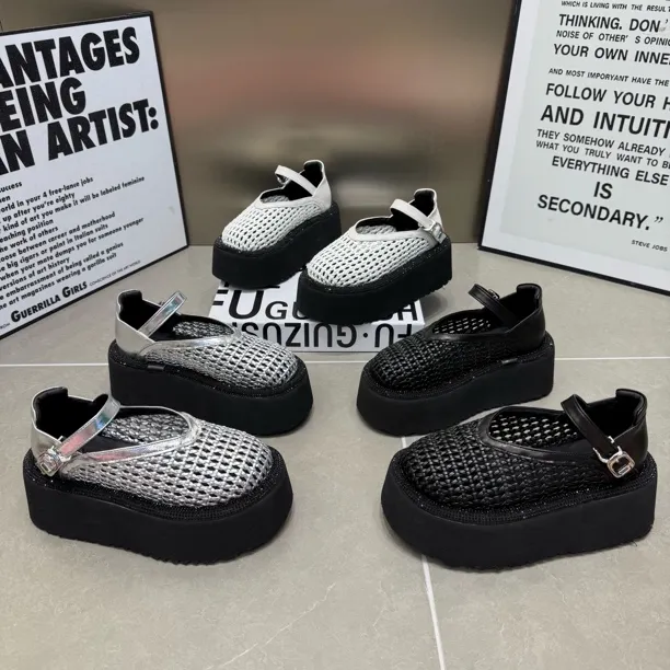 2025年新款厚底松糕欧货编织网面浅口玛丽珍单鞋底厚6公分透气