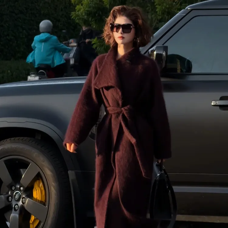 薇姐【缦禾】Sister·We山羊绒毛一粒扣中长款大衣 带腰带6302