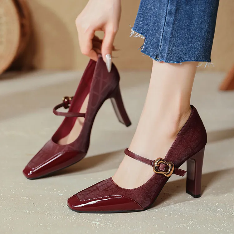 高跟玛丽珍鞋一字带红色高跟鞋粗跟性感2025新款拼接法式方头单鞋
