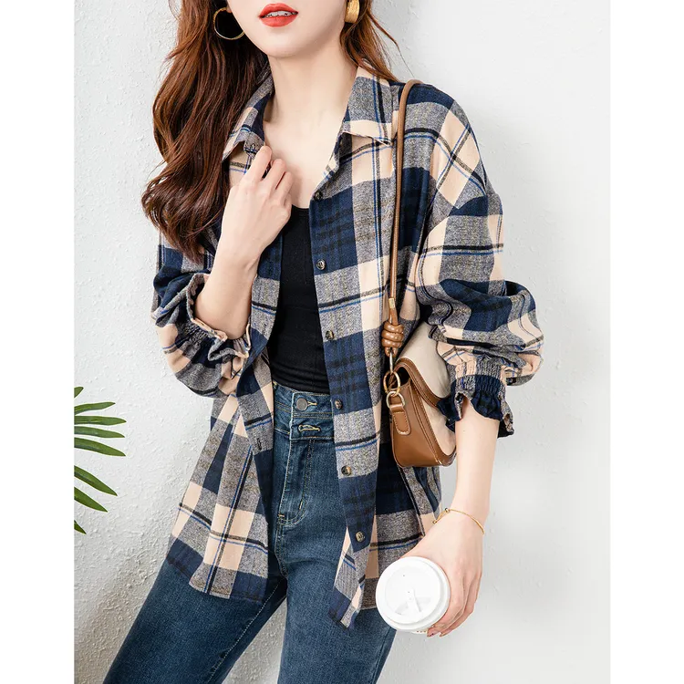 秋季韩版宽松长袖格子衬衣休闲百搭翻领上衣显瘦聚酯纤维