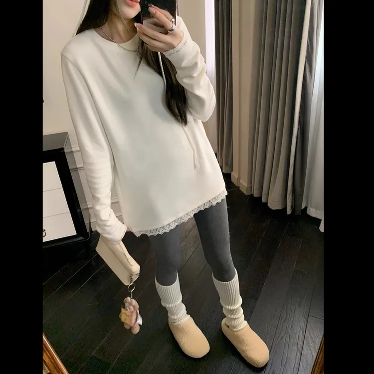 白色蕾丝中长款打底T恤女2025春款德绒加厚内搭宽松显瘦长袖上衣