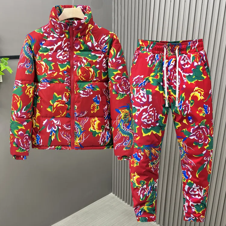 东北大花袄套装男女冬季情侣大码棉衣裤外套复古中国风潮流棉服