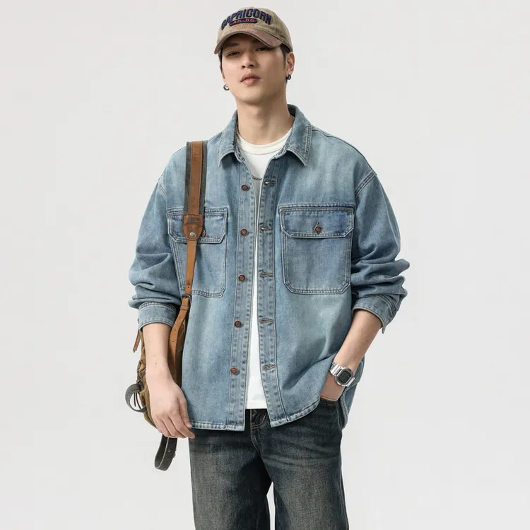 春季莱赛尔天丝不掉色牛仔衬衫男宽松大码百搭休闲衬衣C64