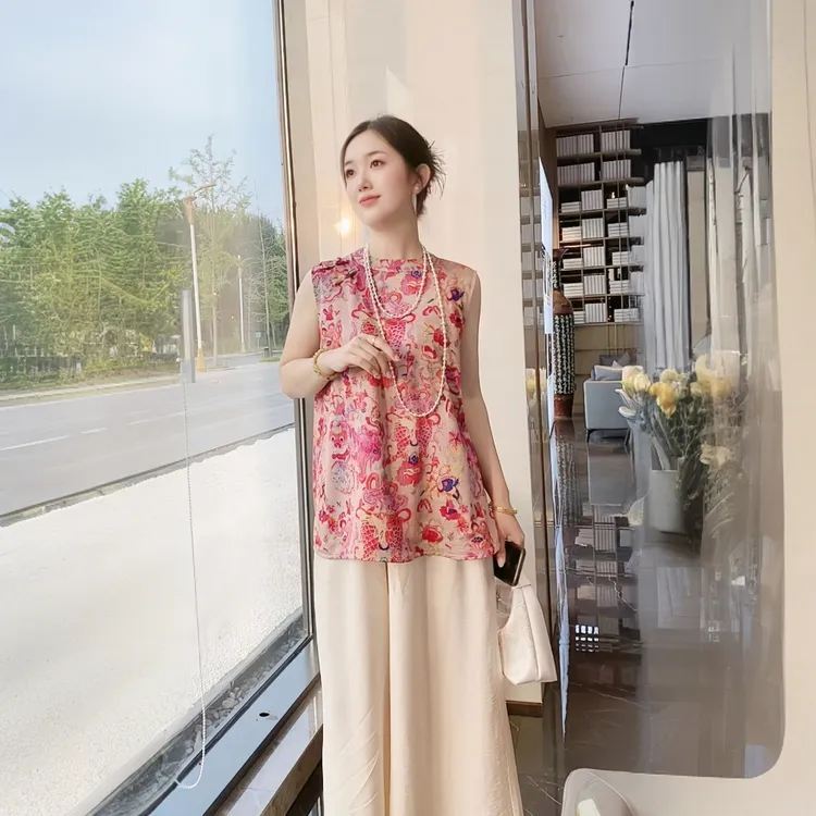 6月【锦鲤套装】新中式提花无袖中长款上衣+阔腿裤夏季清凉感两件套