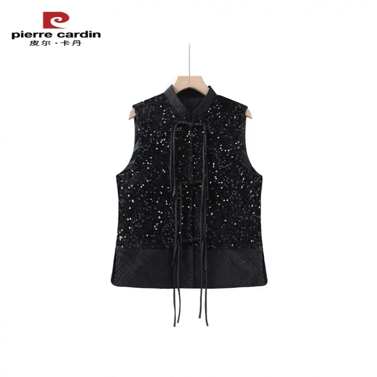 皮尔卡丹新中式国风亮片马甲女新款盘扣无袖背心中老年马夹黑色外