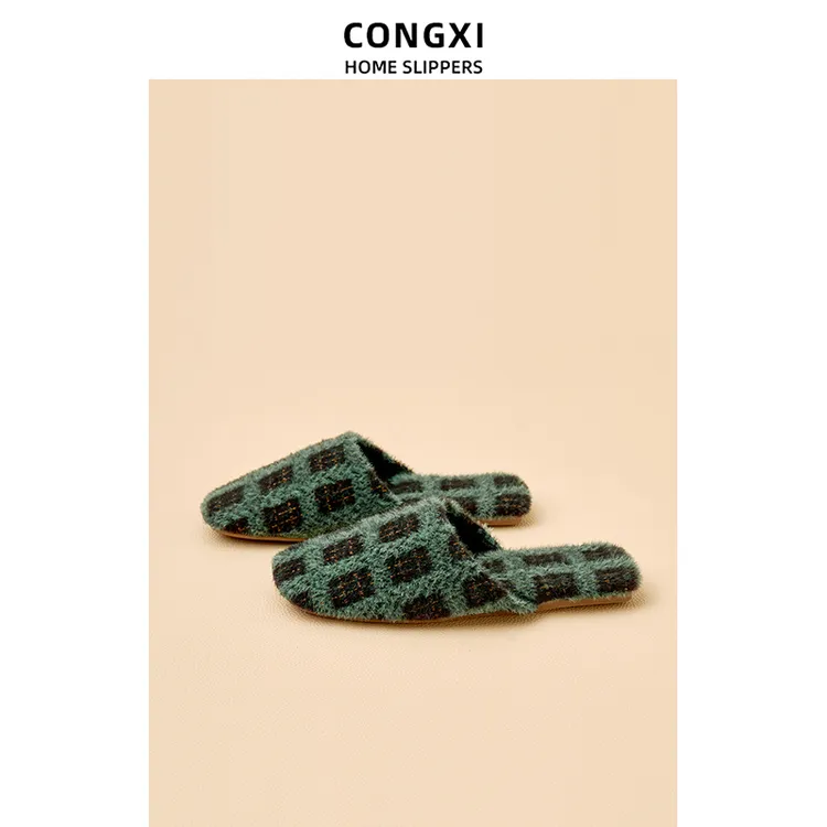 -原创设计-秋冬新款绿色格子棉拖鞋女 情侣加绒保暖居家棉拖鞋男