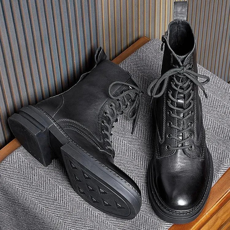 真皮马丁靴2025春季透气韩版英伦手工潮流侧拉链皮靴男高帮机车靴
