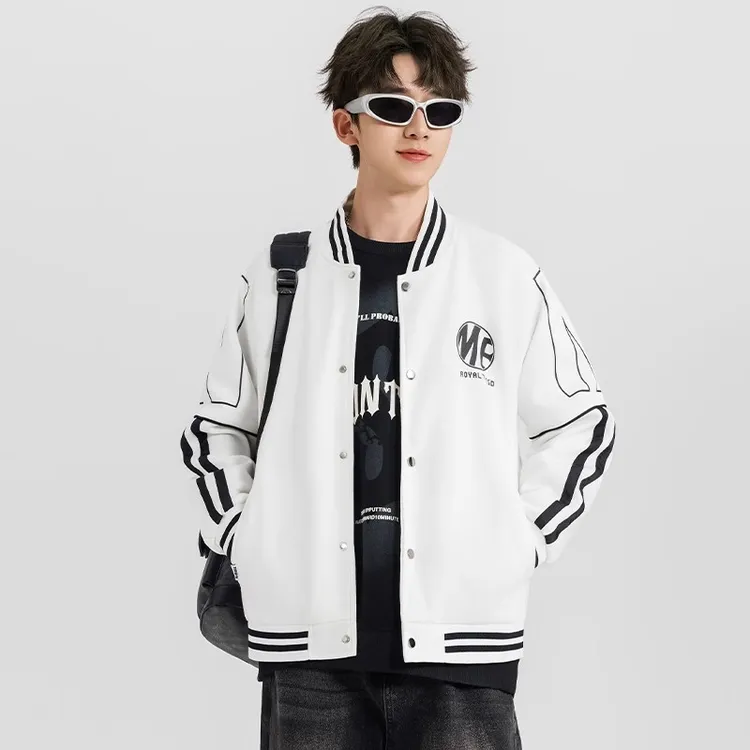 棒球服男2026新款潮牌撞色美式开衫男青少年宽松休闲印花褂子上衣