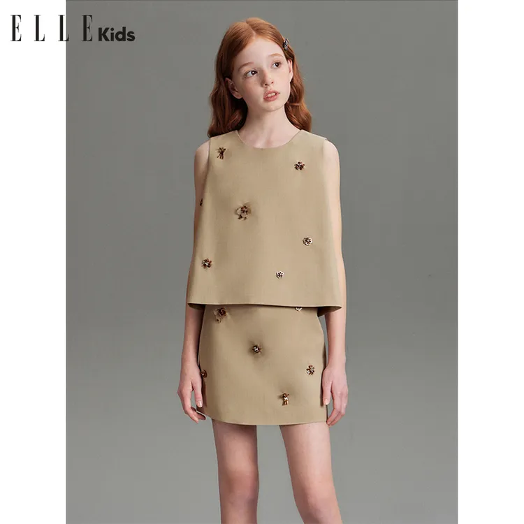 ELLE KIDS 立体手工订花套装女儿童夏季新款廓形马甲+微A半裙A3